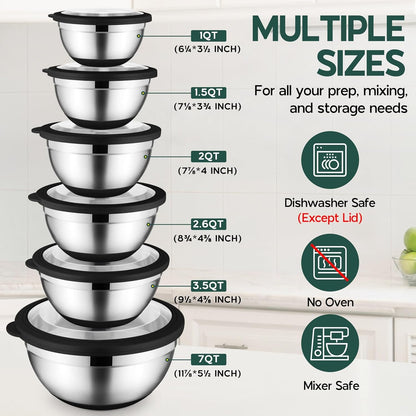 Mixing Bowls with Lids Set of 6 for Kitchen, Stainless Steel Metal Nesting Bowls with Non-Slip Bottom Black - Size 1, 1.5, 2, 2.6, 3.5, 7QT3