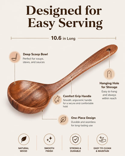 Wooden Soup Spoon, Natural Teak Wood Soup Ladle with Long Handle, Deep Scooper Serving Spoon for Soup, Gravy, Sauce, Porridge & Stew, No-Scratch Cooking Utensil for Nonstick Cookware, 10.6"5