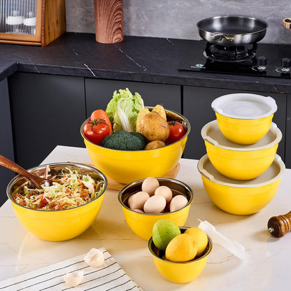 Yellow Mixing Bowls with Airtight Lids,Stainless Steel Bowl,Salad Bowls 7 Piece Colorful Nesting Bowl Yellow Kitchen Accessories,Size 7,3.6,2.7,2.1,1.5,1.1,0.8QT Stackable Design7