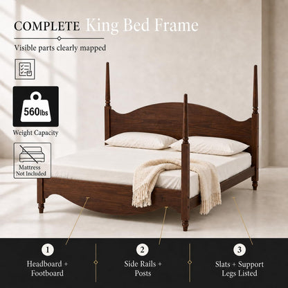 Brixton King Solid Pine Wood Four-Poster Bed, Arched Headboard, Walnut6