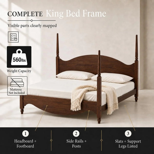 Brixton King Solid Pine Wood Four-Poster Bed, Arched Headboard, Walnut6