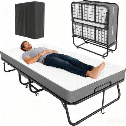 Folding Bed with Mattress, Twin Foldable Bed, Roll Away Beds for Adults, 75" X 31" Roll Away Portable Beds with 5" Mattress, Folded Frame for Small Apartment, Guest Room1