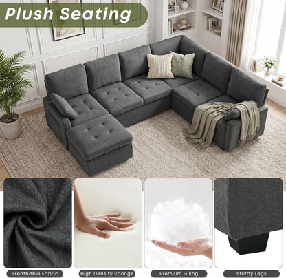 105" U-Shape Sleeper Sofa with Storage, Large 7-Seat Modular Sectional with Removable Covers, Pull-Out Couch Bed for Living Room, Dark Grey5