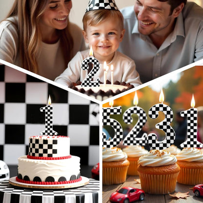 Racing Car Themed Birthday Candles, Number 1 Checkered Candles, Black & White Checkered Cake Topper, Cool Racing Themed Party Supplies, Special Candle6