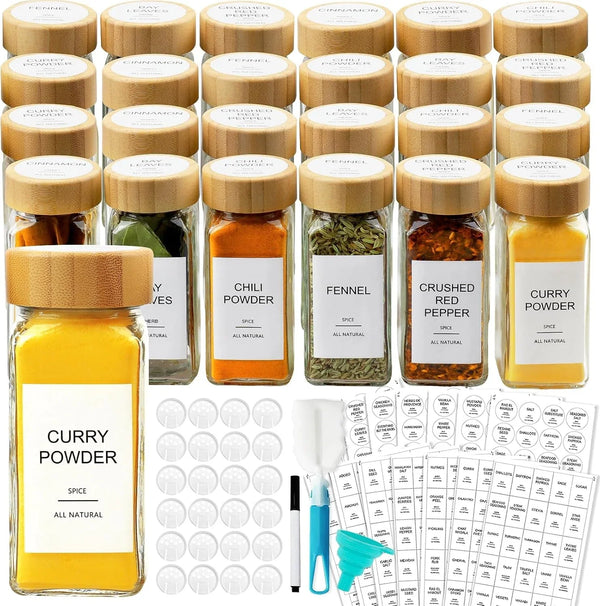 Glass Spice Jars with Bamboo Lid & 398 Label for Cabinet & Drawer Organizer1