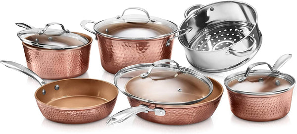 Hammered Collection Pots and Pans 10 Piece Premium Ceramic Cookware Set – with Triple Coated Ultra Nonstick Surface for Even Heating, Oven, Stovetop & Dishwasher Safe1