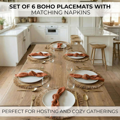 Decorative Boho Table Placemats Set of 6 with Matching Linen-Textured Napkins - Beautiful Natural Decor Elevates Your Dining Room or Kitchen Setting - Easy to Style & Mix with Linen Inspired Material3