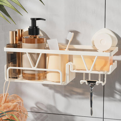 Suction Cup Shower Caddy with Soap & Razor Holder, Hooks, Cream White1