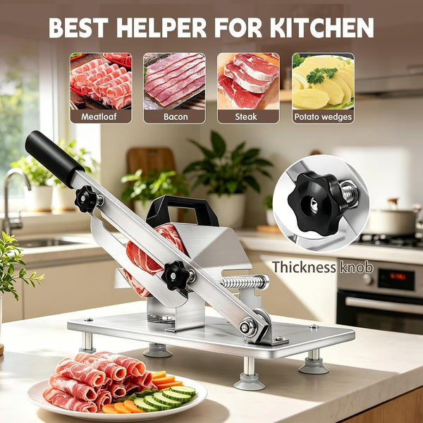 Manual Meat Slicer Frozen Meat Cutter Upgraded Stainless Steel Meat Cleavers Beef Mutton Roll Slicing Machine Vegetable Meat Slicer for Home Cooking Hotpot Shabu Cnh2(Silver,16.7"X6.7")2