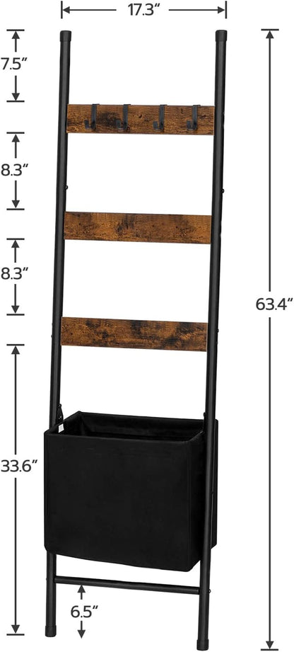 Blanket Ladder with Basket, 17.3”L X 63.4”H, Towel Rack with Hooks, Blanket Holder Rack, Decorative Ladder Shelf, Drying and Display Rack for Bathroom, Living Room, Rustic Brown BF31CJ016