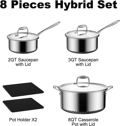 Hybrid Nonstick 8-Pc Stainless Steel Cookware Set,Pots and Pans Set | with 2 Silicone Trivets, 2/3/8-Qt Pots, Etched Surface&Stay-Cool Handles Dishwasher&Oven-Safe, Compatible with All Cooktops2