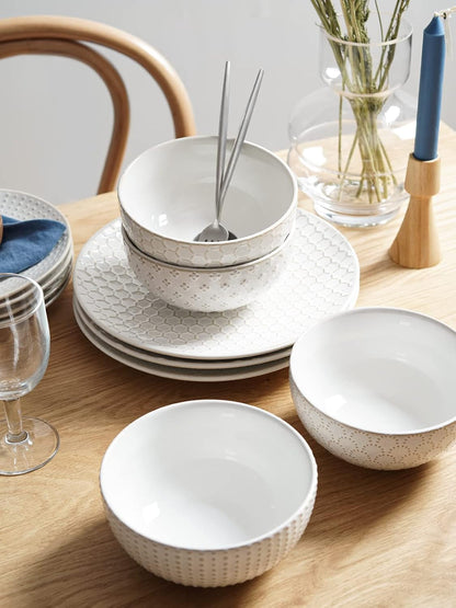 Ceramic Dishes Set for 4, 12 Piece Plates and Bowls Sets, Embossed Kitchen Dinnerware Sets, Chip Resistant, Microwave & Dishwasher Safe, Arctic White (8"&10" Plate, 26Oz Bowl)8