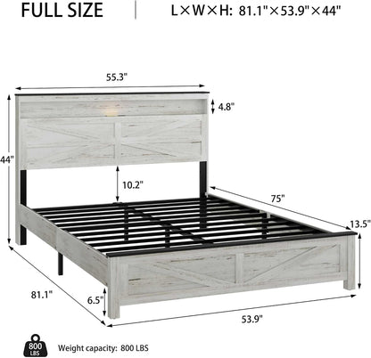 Full Size Bed Frame with LED Lights, USB Charging Station, Storage Headboard, Metal Platform, No Box Spring2