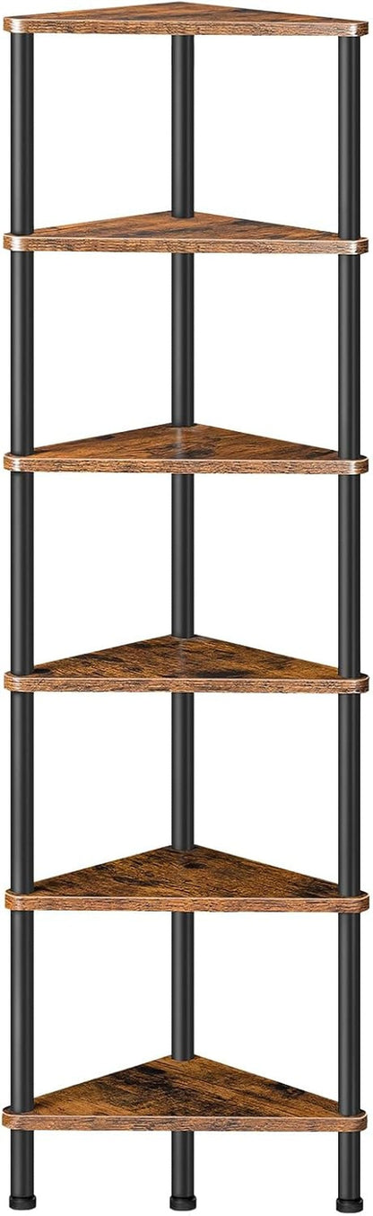 Corner Shelf Stand, Industrial 6-Tier Wall Corner Bookshelf with Metal Frame, Plant Display Shelf, Bookcase for Small Spaces, Bedroom, Living Room, Rustic Brown BF36CJ011