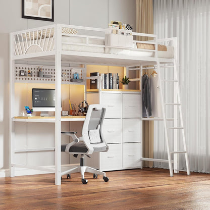 White Twin Loft Bed with Desk and 6 Storage Drawers, Metal Twin Size Loft Beds with Charging Station, RGB LED Lights, and Pegboard & Hanging Rod for Kids, Teenager (White)1