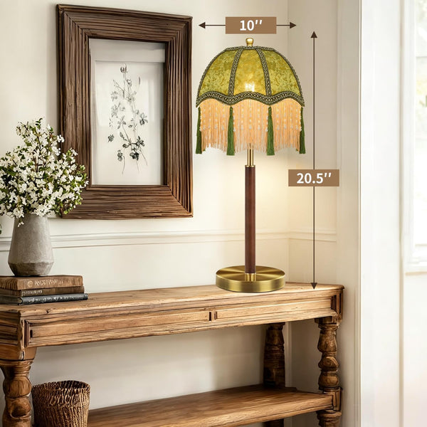 Victorian Gold Table Lamp for Living Room Bedroom Set of 2,Dimmable Bedside Lamps with Vintage Olive Green Velvet Tassel Lampshade,Scallop Bell Fringe Small Lamps for Nightstand Home Decor7