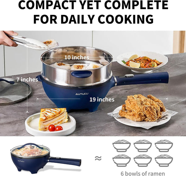 3-Quart Electric Hot Pot & Wok Nonstick with Steamer | Electric Skillet 1200W for Dorm, Home, Gifts (Includes Silicone Spatula) Multi-Cooker3