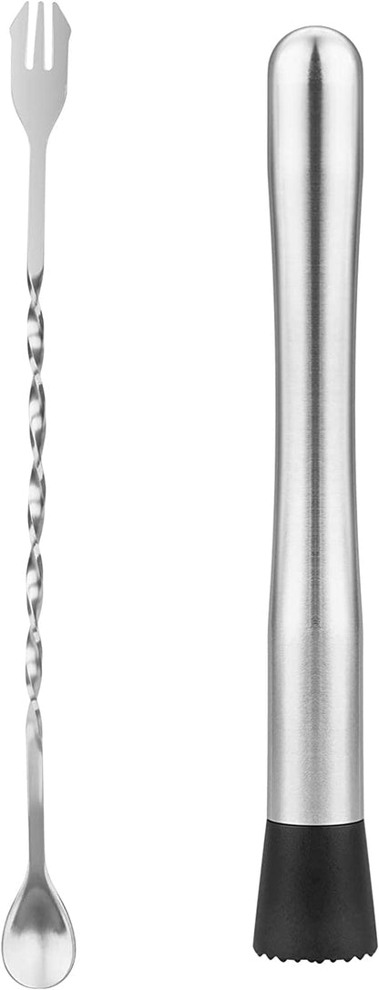 2PCS 10" Stainless Steel Cocktail Muddler & Mixing Spoon for Bar | Long Handle Design, Ideal for Mojitos & Fruit Drinks, Sturdy & Rust Proof, Essential Bar Tools for Home & Professional Use1