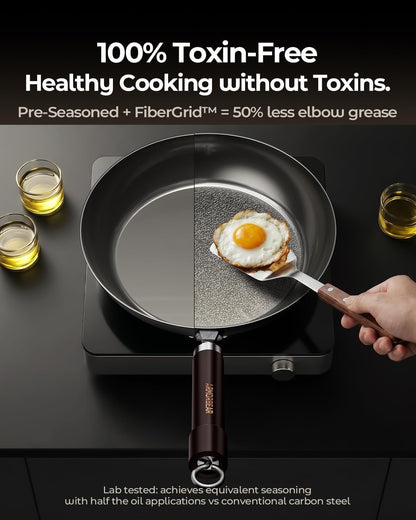 10 Inch Auto-Seasoning Nitrided Carbon Steel Pan, Professional Skillet for Induction Stovetop and Daily Searing, Pre-Seasoned Frying Pan, Wooden Handle, PFAS & Pfoa-Free5