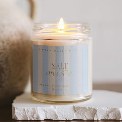 Salt and Sea Patterned Candle – Soy Candles with Sea Salt, Citrus, Musk, Amber Aroma– 40 Hour Burn – 9Oz Clear Glass Jar – Ocean Summer Candles for Home Decor4