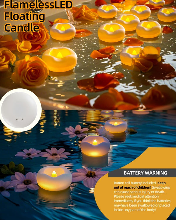 Floating Candles, Water Activated Flameless LED Tea Lights, Waterproof Battery Operated Candles for Wedding Centerpieces, Glass Cylinder Vases, Pool Decoration, Home Decor, 24 Pack, 200 Hours4