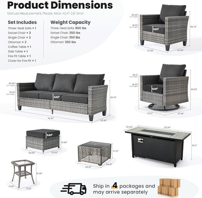 10 Pieces Patio Furniture Set with Swivel Chairs Rocking Gliders, 54" Fire Pit Table, Outdoor Sofa Couch with Solar Lights Table, Modern Deep Seat Wicker Rattan Conversation Set, Black9