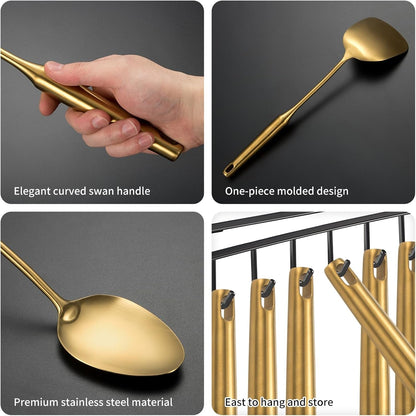 304 Stainlss Steel Matte Kitchen Utensils Set, 11 Pcs Long Metal Cooking Utensil Gadgets Tools Set with Spatula, Spoon, Ladle, Skimmer, Tunner, Pasta Server, Tongs(Gold, Dishwasher Safe)5
