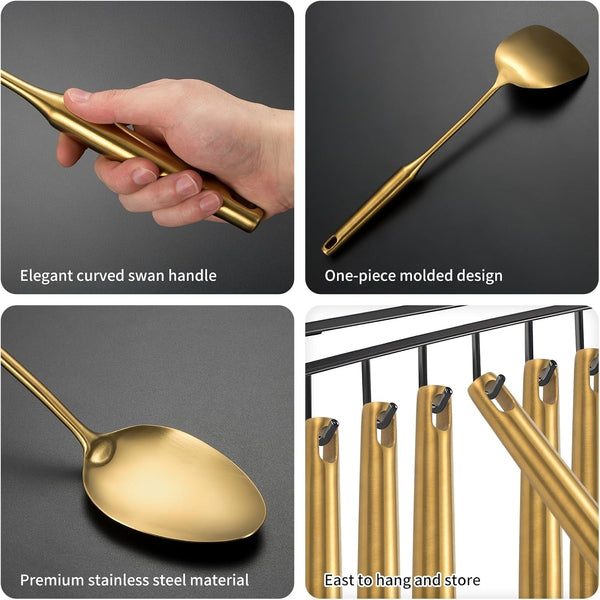 304 Stainlss Steel Matte Kitchen Utensils Set, 11 Pcs Long Metal Cooking Utensil Gadgets Tools Set with Spatula, Spoon, Ladle, Skimmer, Tunner, Pasta Server, Tongs(Gold, Dishwasher Safe)5