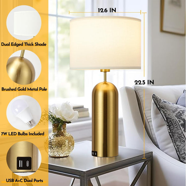 Gold Lamps Set of 2 Touch Control 3-Way Dimmable Bedside Nightstand Lamps Bedroom Lamps Modern White& Gold Table Lamp with USB Type C Ports Tall Lamps for Living Room End Table Home Office6