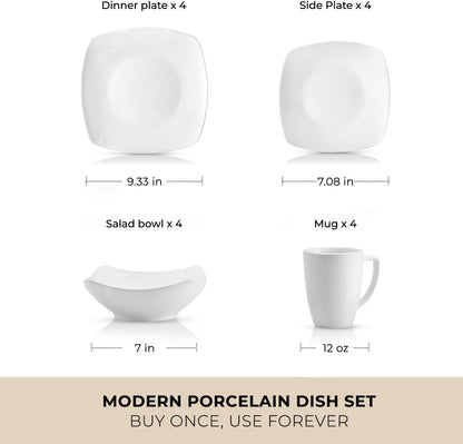 Luna Plates and Bowls Sets, 16 Piece Modern Porcelain Dish Set for 4, Chip and Scratch Resistant Square Dinnerware Set, Microwave and Dishwasher Safe, Pearl White3