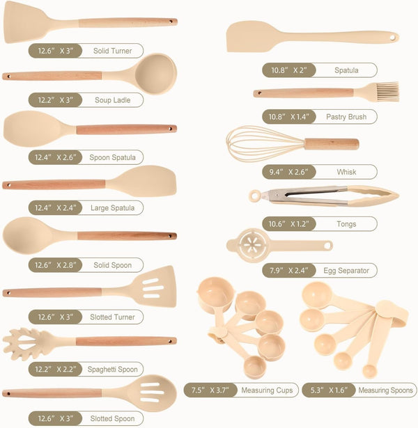 Kitchen Utensils Set - 34 PCS Non-Stick Silicone Cooking Utensils Set Spatula Set with Holder, Wooden Handle Spoon,Brush,Whisk Kitchen Gadgets Tools Set for Nonstick Cookware (Khaki-34P)6