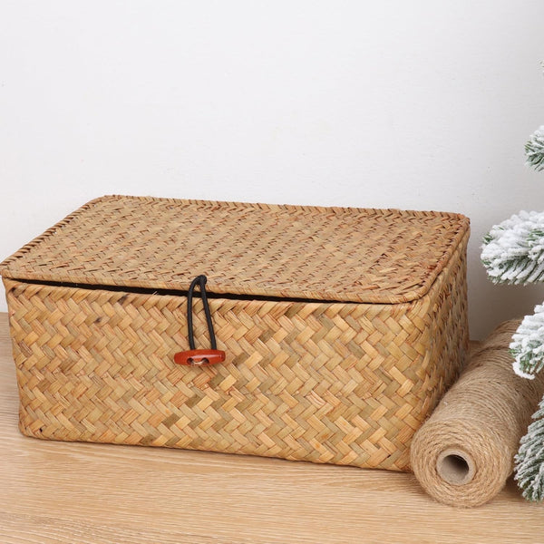 Wicker Shelf Baskets with Lid,Handwoven Seagrass Basket for Storage Basket Bins Rectangular Home Organizer Gift Boxes (Natural Small)2