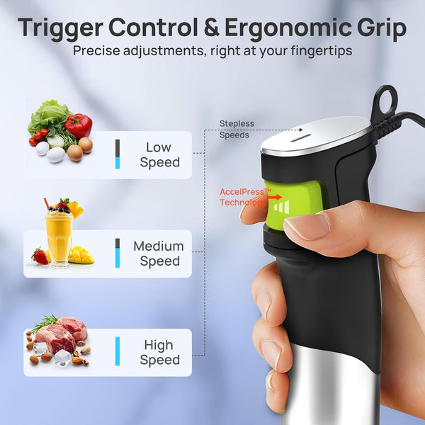 10-In-1 Immersion Hand Blender Max 1100W, Trigger Speed Control | Entire Stainless Steel Blender Shaft, 800Ml Beaker, 600Ml Chopper, Beaters, Frothers, Hooks, Masher, Whisk & 600Ml Cup3