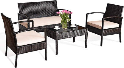 4 PCS Patio Rattan Conversation Furniture Set Cushioned Seat Glass Tabletop1