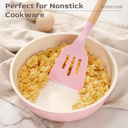 Kitchen Utensils Set, 39 PCS Silicone Cooking Utensils Set with Wooden Handle, 446°F Heat Resistant Food Grade Utensil Sets, BPA Free Kitchen Gadgets Tools Set for Nonstick Cookware (Pink)3