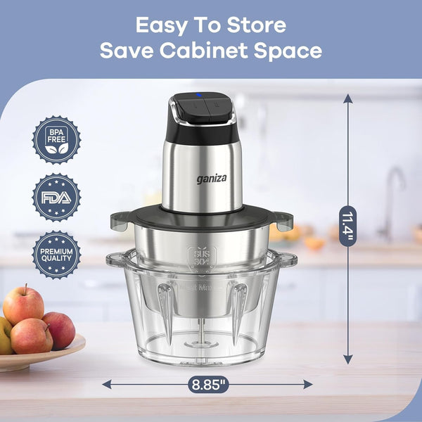 Food Processor with Dual Bowls, 2-Speed Food Chopper & Meat Grinder | 8Cup Stainless & 8Cup Glass Bowls, Upgraded Button & Smart Overheat Protection Light - Includes Clean Brush, 2 Sets of Blades8