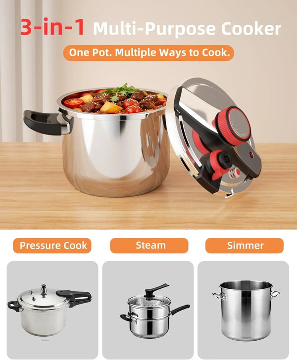 8 Qt Pressure Cooker Stainless Steel, Pressure Cooker with One-Hand Locking, Dual Locking Safety System, [3-In-1]Compatible with Gas & Induction, Fast Cooking for Large Meals5