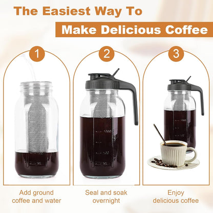Cold Brew Coffee Maker, 64 Oz Mason Jar Pitcher with Stainless Steel Filter, Pour Spout Handle Lid, Airtight & Leak-Proof for Iced Coffee,Tea & Lemonade4