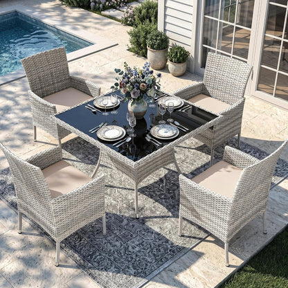 Outdoor Dining Set, 5-Piece Patio Furniture Set with Tempered Glass Table and 4 Cushioned Chairs, Dual-Strand Wicker Rattan, Balcony Furniture for Backyard, Garden, Deck,– Beige1