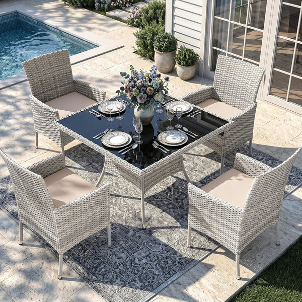 Outdoor Dining Set, 5-Piece Patio Furniture Set with Tempered Glass Table and 4 Cushioned Chairs, Dual-Strand Wicker Rattan, Balcony Furniture for Backyard, Garden, Deck,– Beige1