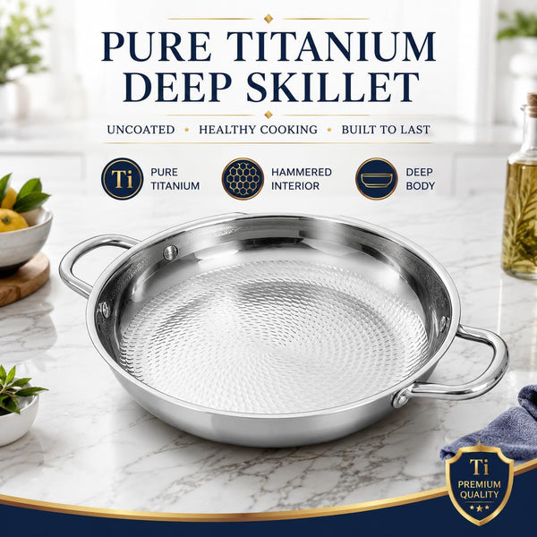 Titanium Hammered Pan, Upgrade Double Handle No Coating Non-Stick Titanium Cookware, Ultra-Durable, Scratch-Resistant, Even Heating Frying Pans, Compatible with All Cooktops,11.02In/Lid2