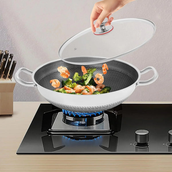 Wok Pan,Hybrid Wok with Lid,Non Stick Stainless Steel Woks & Stir-Fry Pans Nonstick Frying Pan Dishwasher and Oven Safe, Works on Induction (13 Inch)5