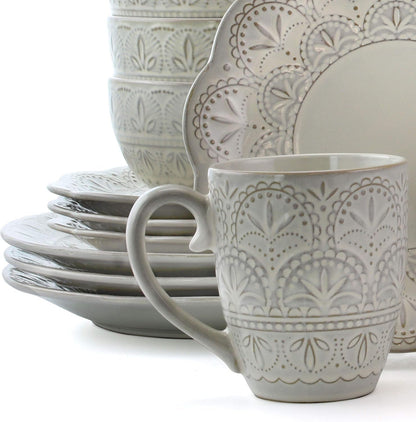 White Lace 16 Piece round Scallop Stoneware Dinnerware Set in White3