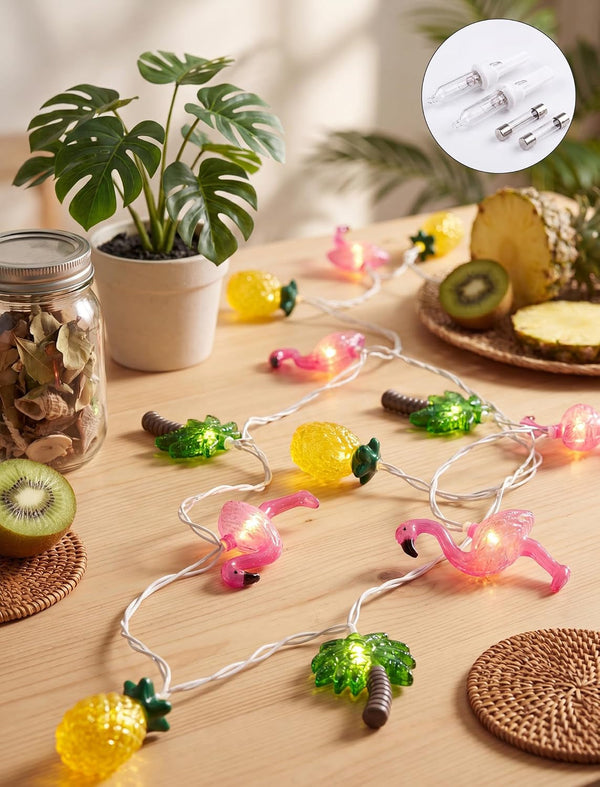 Summer Beach String Lights Plug In, 12FT 20LED UL Listed Connectable Hawaiian Tropical Party Fairy Lights Flamingo Palm Tree Pineapple, Outdoor Theme Tiki Bar Decor IP44 Waterproof Fun Light8