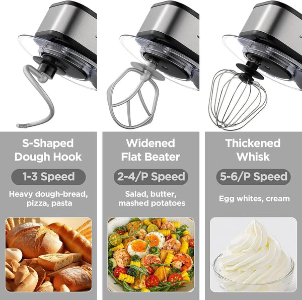 Stand Mixer 5.3QT Tilt-Head 6+P Speed Household Food Mixer Black | Lightweight Tilt-Head Kitchen Mixer with Egg Cream Whisk,Dough Hook,Flat Beater&Splash Guard,For Baking Cake,Pizza&Sugar4