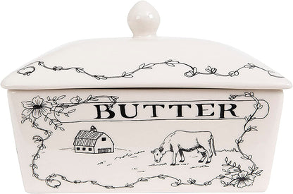 Creative Co-Op Country Stoneware Butter Dish with "Spread the Love" Message and Farm Landscape Design, White and Black1