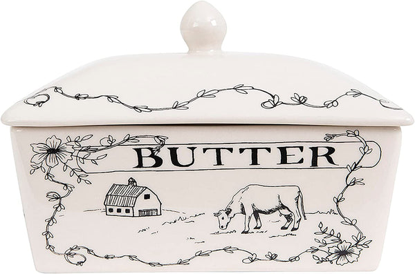 Creative Co-Op Country Stoneware Butter Dish with "Spread the Love" Message and Farm Landscape Design, White and Black1