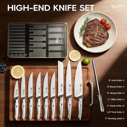 Drawer Knife Sets, 11 Pieces Kitchen Knife Set with Block | High Carbon Stainless Steel Knives with Sharpener Rod, Non Slip Ergonomic Handle, Quality Drawer Organizer, Gift Box2