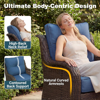 Luxury Patio Conversation Set, 5-Piece Ergonomic High Back Wicker Swivel Chair Set with 6-Inch Deep Seating Cushions, Large Patio Furniture Set for Garden, Deck & Balcony, Navy Blue4