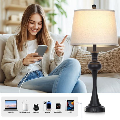 28.75 " 3-Way Touch Control Modern Table Lamp Set of 2 for Living Room , Bedside Lamp with USB A+C Ports, Mid Century Black Table Lamps, Nightstand Lamps Set ,Beige Fabric Shade Vintage Accent Style3